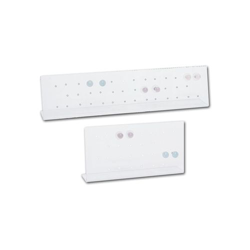 2 Piece set holds 34 pairs of earrings. Clear acrylic. Pieces measure 10 1/8 x 2 1/2 tall and 6 x 3