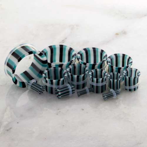 BOROSILICATE GLASS SINGLE FLARE TUNNEL AQUA / BLACK / WHITE STRIPE