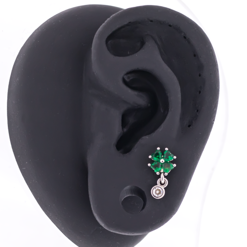 Tragus Barbell w/ Gemmed Clover w/ Gem Dangle