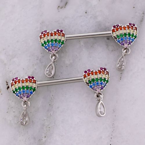 Nipple Barbell w/ Gemmed Hearts and Teardrop Dangles