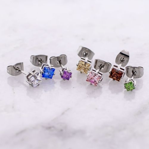 Steel Stud Earring With Prong Set Square Premium Zirconia