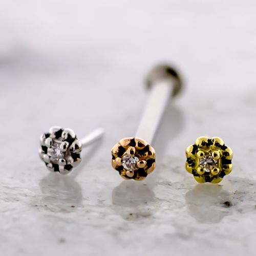 Titanium Threadless Barbell w/ 18KT Gold Premium Zirconia Beaded Flower End