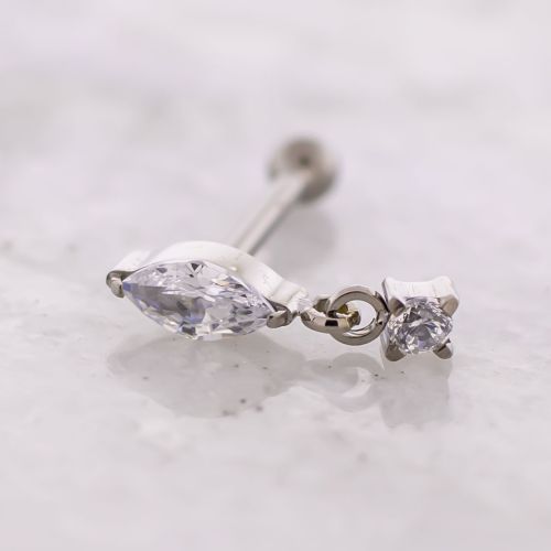 Titanium Threadless Barbell w/ Marquise Cut Gem w/ Princess Cut Gem Dangle