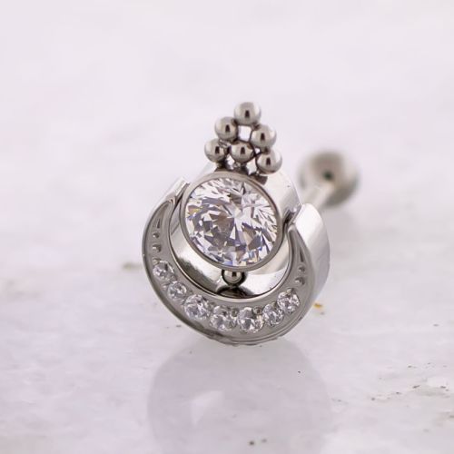 Titanium Threadless Barbell w/ Crescent Moon with Beaded Accents