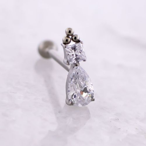 Titanium Threadless Barbell w/ Pear Cut with Round Princess Cut Gem End