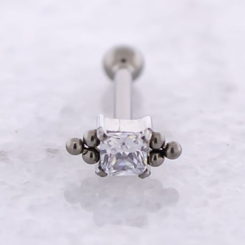 Titanium Threadless Barbell w/ Princess Cut Gem w/ Beaded Accents End