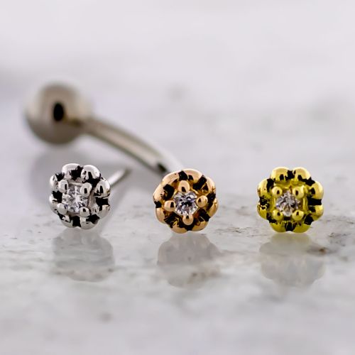 Titanium Threadless Curved Barbell w/ 18KT Gold Premium Zirconia Beaded Flower End
