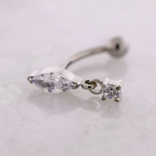 Titanium Threadless Curved Barbell w/ Marquise Cut Gem w/ Princess Cut Gem Dangle