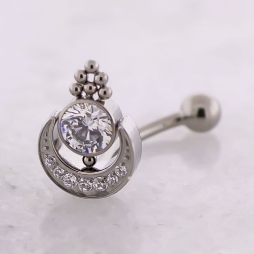 Titanium Threadless Curved Barbell w/ Crescent Moon with Beaded Accents