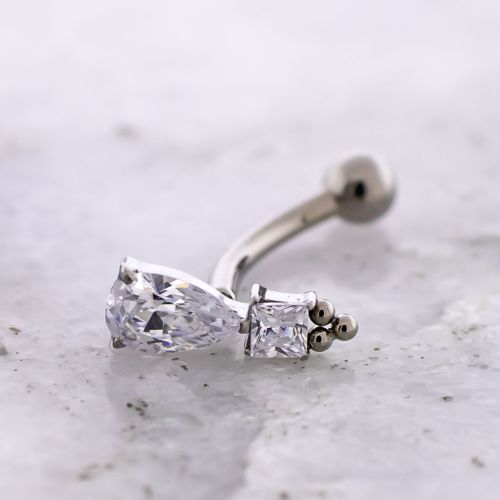 Titanium Threadless Curved Barbell w/ Pear Cut with Round Princess Cut Gem End
