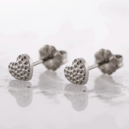 Titanium Threadless Earring Studs w/ Hammered Texture Heart Ends