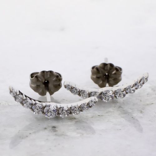 Titanium Threadless Earrings Studs with Casacading Gem Crescent