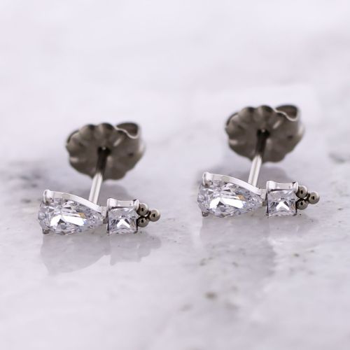 Titanium Threadless Earring Studs w/ Pear Cut with Round Princess Cut Gem End