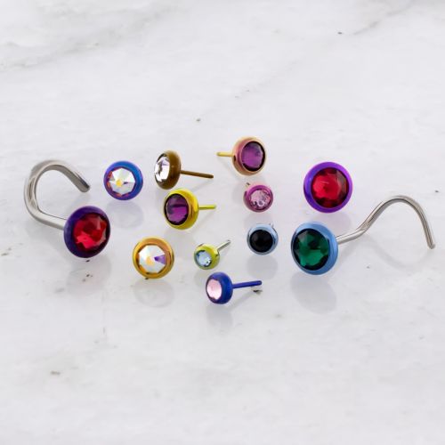 Titanium Threadless Nose Screw w/ Gem Disc w/ Bezel Set Premium Crystals