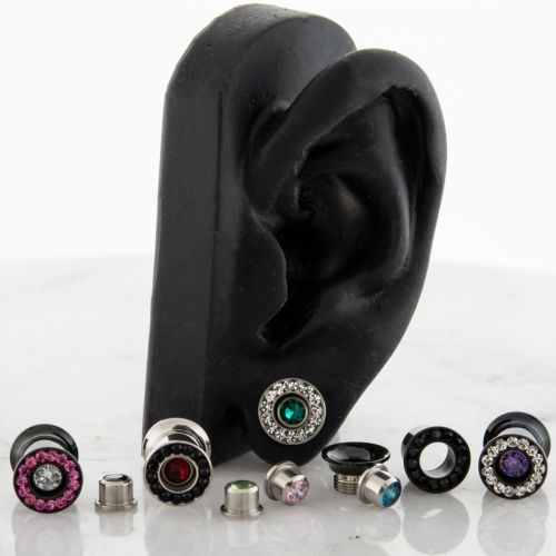 Pair 0G Steel Internally Threaded Gemmed Tunnel W/ Gem in the Middle