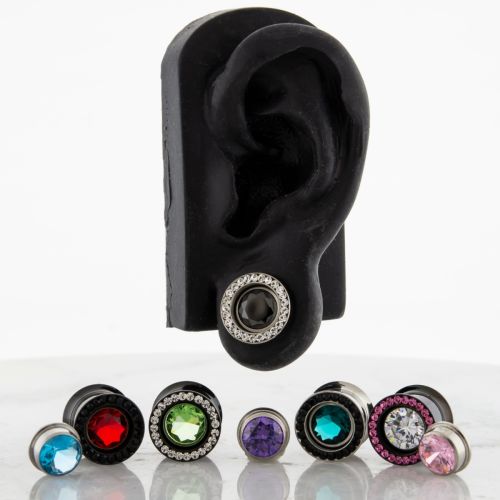 Pair 13mm Steel Internally Threaded Gemmed Tunnel W/ Gem in the Middle