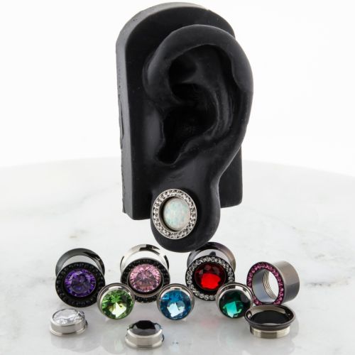 Pair 14mm Steel Internally Threaded Gemmed Tunnel W/ Gem in the Middle