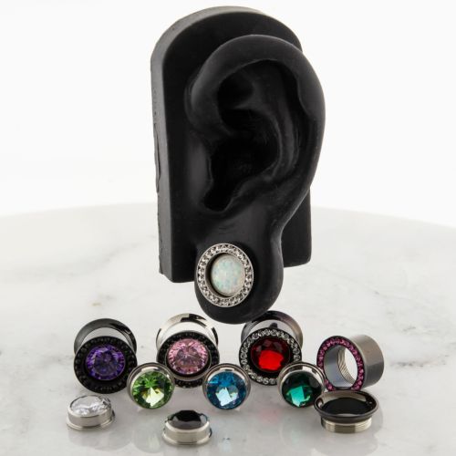 Pair 16mm Steel Internally Threaded Gemmed Tunnel W/ Gem in the Middle