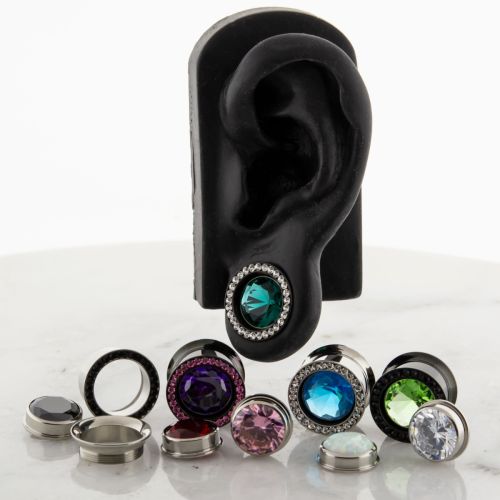 Pair 19mm Steel Internally Threaded Gemmed Tunnel W/ Gem in the Middle
