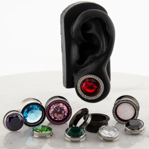 Pair 22mm Steel Internally Threaded Gemmed Tunnel W/ Gem in the Middle