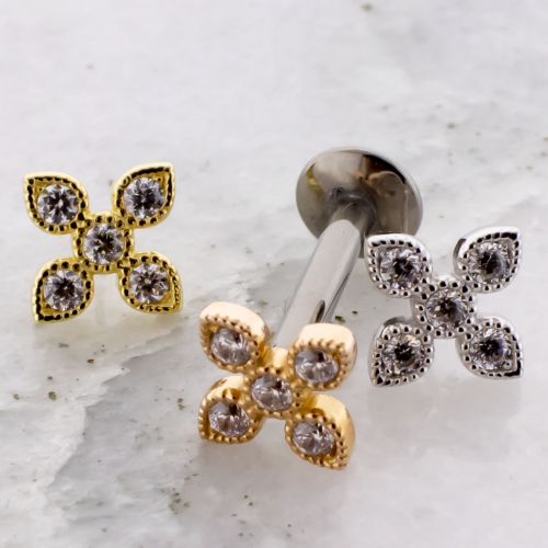 THREADLESS TITANIUM LABRET WITH 18KT GOLD PETAL FLOWER