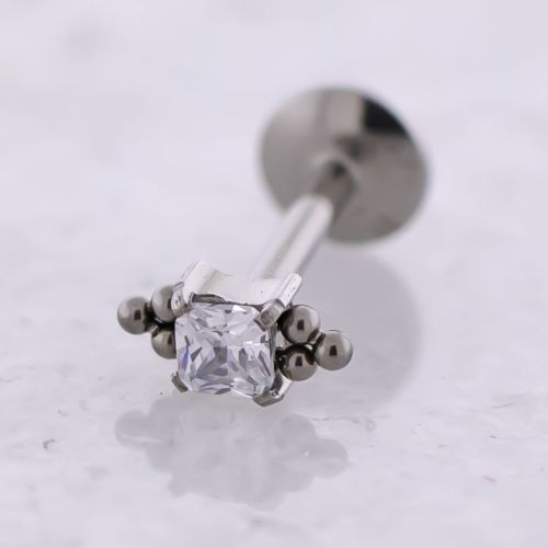 Titanium Threadless Labret w/ Princess Cut Gem w/ Beaded Accents End