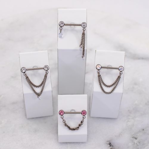 14G Titanium Threadless Chain Detail Nipple Kit- Gemmed Ends