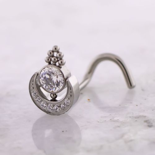 Titanium Threadless Nose Screw w/ Crescent Moon with Beaded Accents