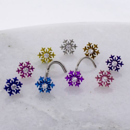 Titanium Threadless Nose Screw w/ Snowflake with Cubic Zirconia