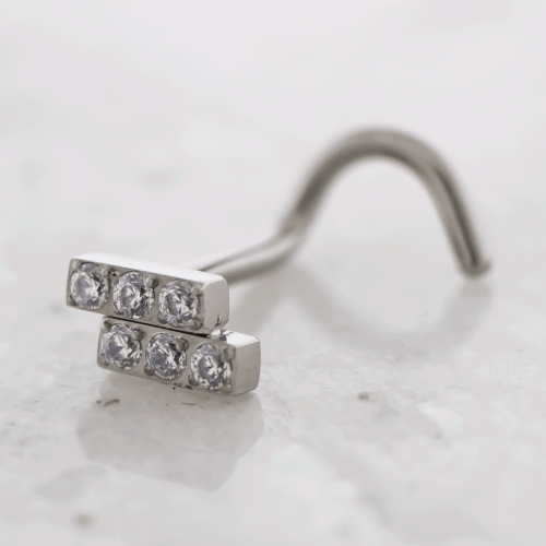 Titanium Threadless Nose Screw w/ Staggered Double Short Bar w/ CZ End