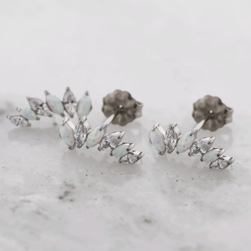 Titanium Threadless Earring Studs w/ Marquise Opal/Clear Crescent