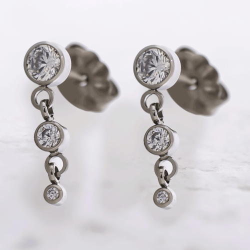 Titanium Threadless Earring Studs w/ Dangling Triple Round CZ